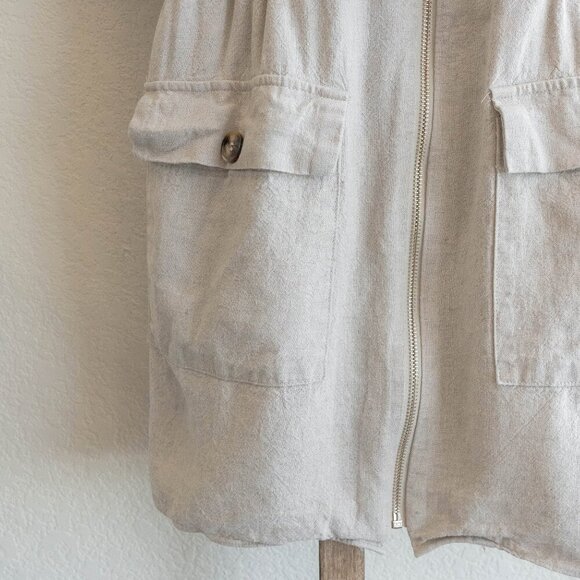 Zara Dress Sz M Khaki Linen Blend Collared Short Sleeve Cargo Pockets Tie Safari - Picture 4 of 7
